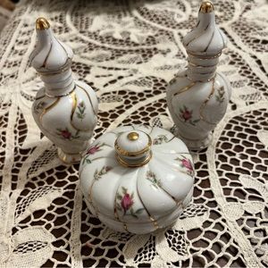 VTG IRICE Japan PORCELAIN Lidded BOX PINK ROSES GOLD + 2 PERFUME BOTTLES